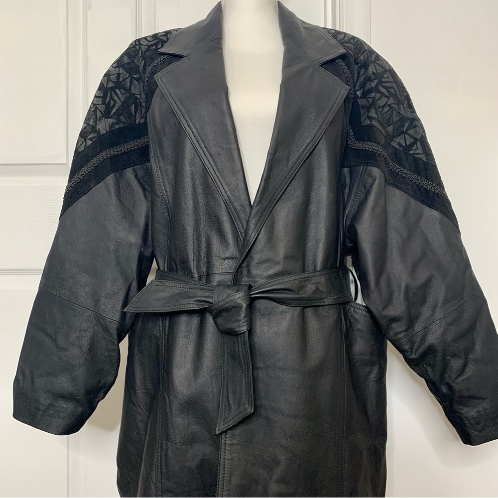 Vintage 80s 100% Leather Trench Coat by Direct Action Suede Geometric Pattern XL